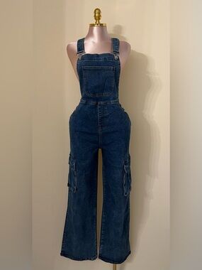 Dark Blue Denim Cargo Overalls for Women